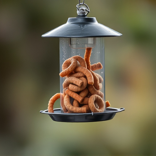 Suspended feeder filled with wriggly treats