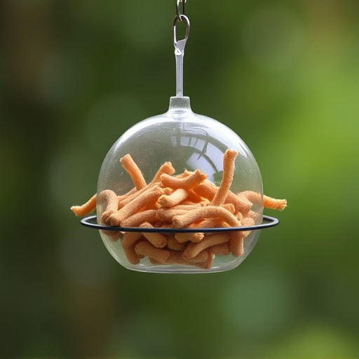 Suspended feeder filled with wriggly treats