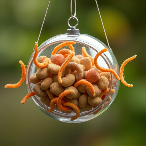 Suspended feeder filled with wriggly treats