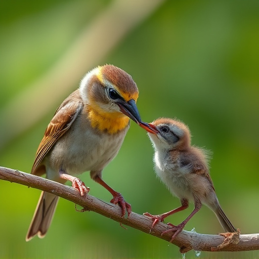 Tender feeding session with fledgling bird