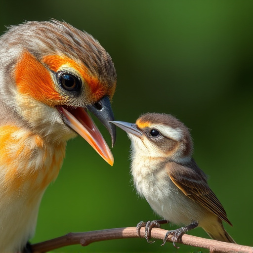 Tender feeding session with fledgling bird