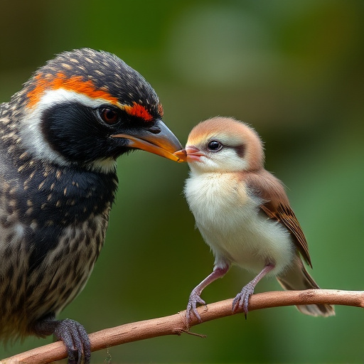 Tender feeding session with fledgling bird