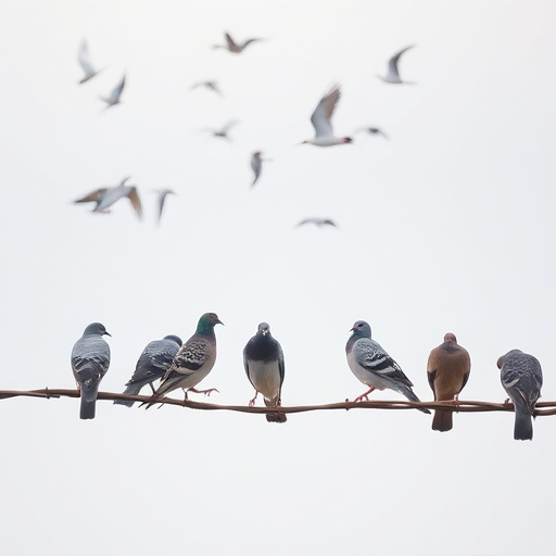 Tiny birds perched, pigeons kept away