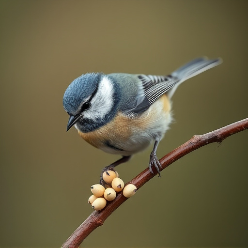 Tiny blue tit pecking suet pellets