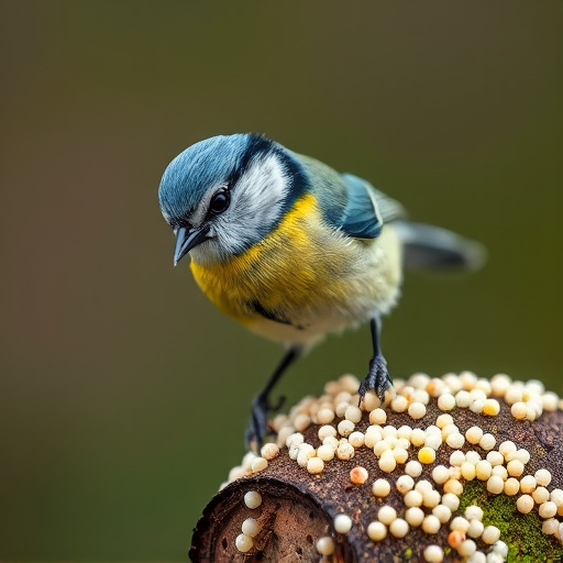 Tiny blue tit pecking suet pellets