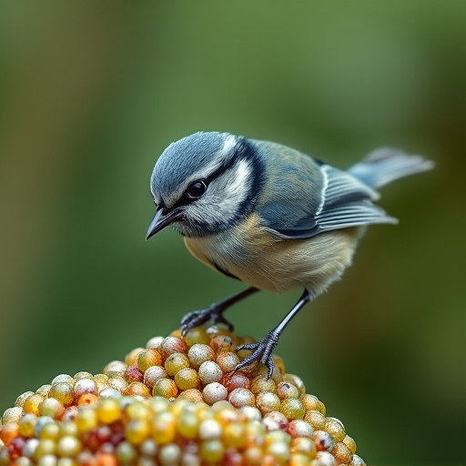 Tiny blue tit pecking suet pellets