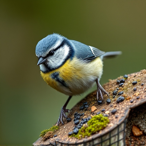 Tiny blue tit pecking suet pellets