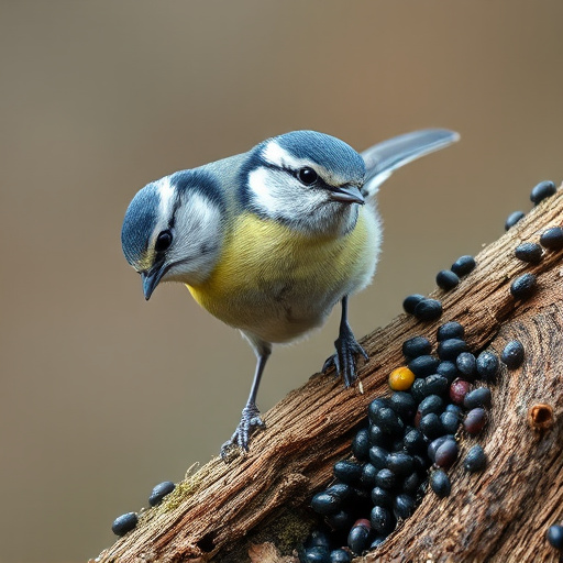 Tiny blue tit pecking suet pellets