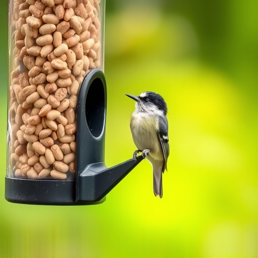 Tit bird feeding from peanut feeder