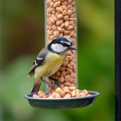 Tit bird feeding from peanut feeder