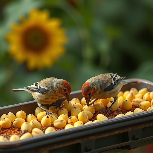 Tits feeding from tray of sunflower hearts