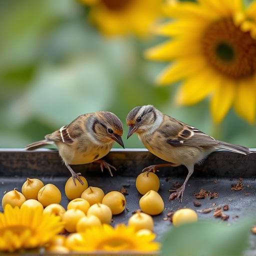 Tits feeding from tray of sunflower hearts
