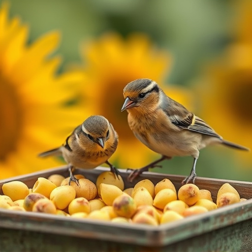 Tits feeding from tray of sunflower hearts