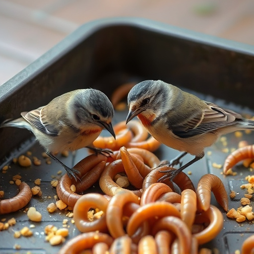 Tits feeding on mealworms in tray