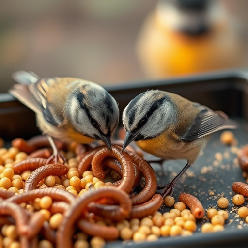 Tits feeding on mealworms in tray