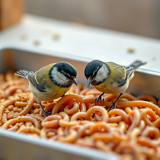 Tits feeding on mealworms in tray
