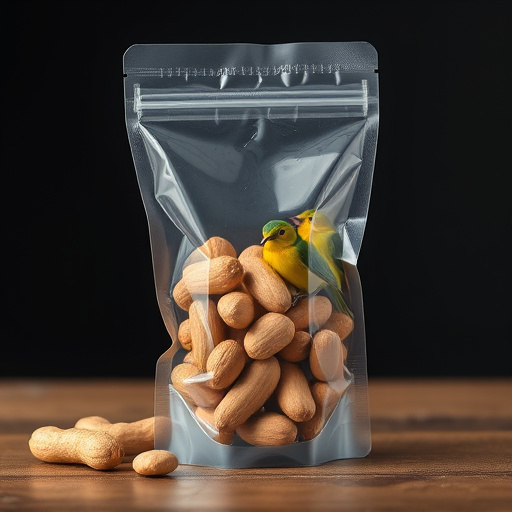 Transparent pouch of peanuts for birds