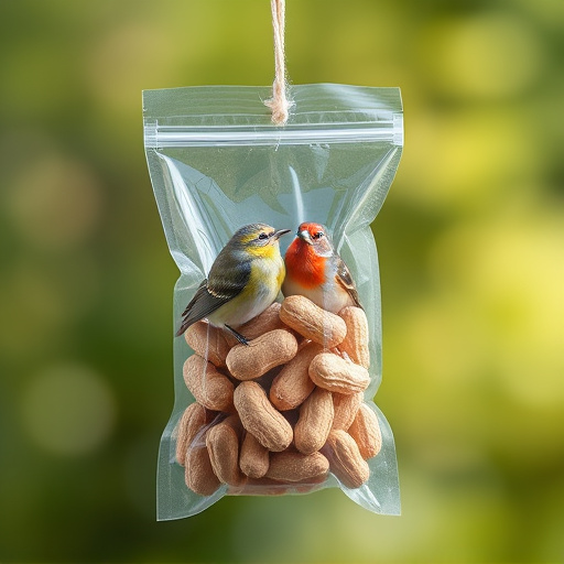 Transparent pouch of peanuts for birds