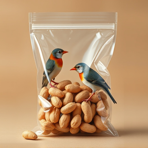 Transparent pouch of peanuts for birds