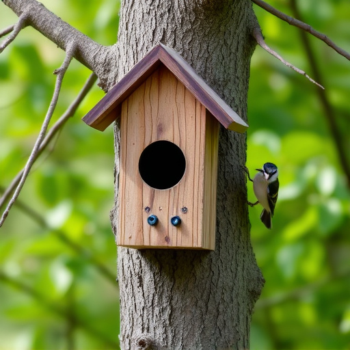 Tree-mounted bird box with bird nearby