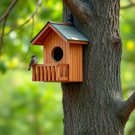 Tree-mounted bird box with bird nearby
