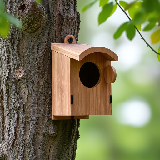 Tree-mounted bird box with bird nearby