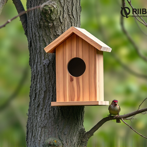 Tree-mounted bird box with bird nearby