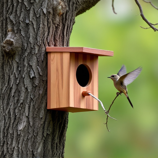 Tree-mounted bird box with bird nearby