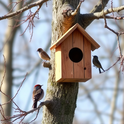 Tree-mounted bird box with bird nearby