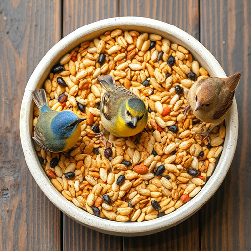 Variety of bird seed in bowls