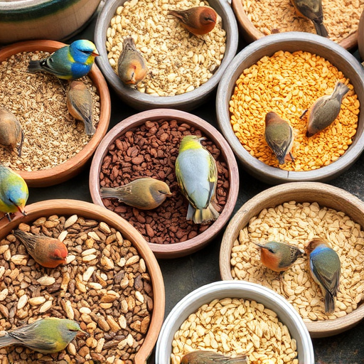 Variety of bird seed in bowls