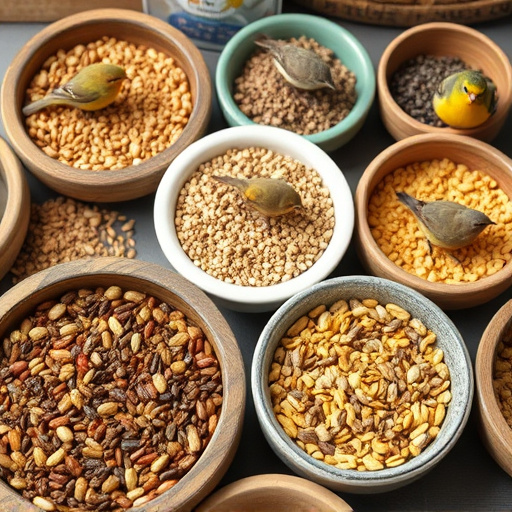 Variety of bird seed in bowls