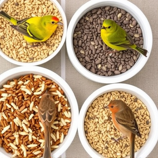 Variety of bird seed in bowls