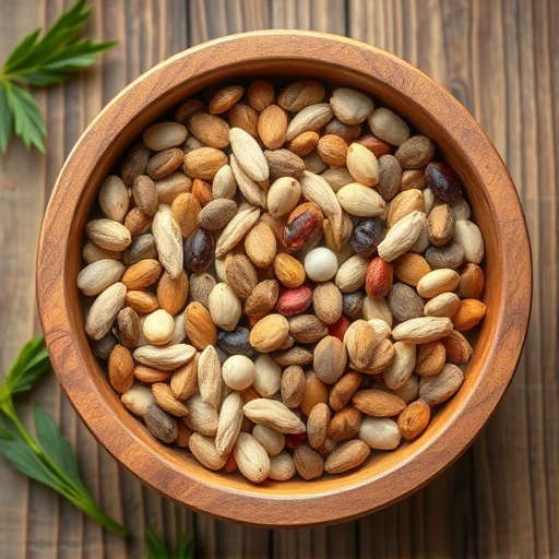Variety of seeds in wooden bowl