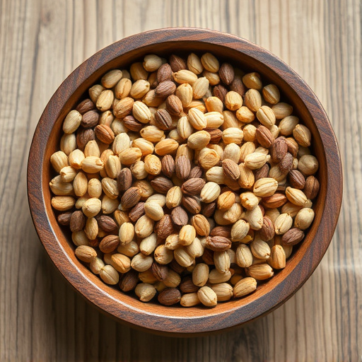 Variety of seeds in wooden bowl