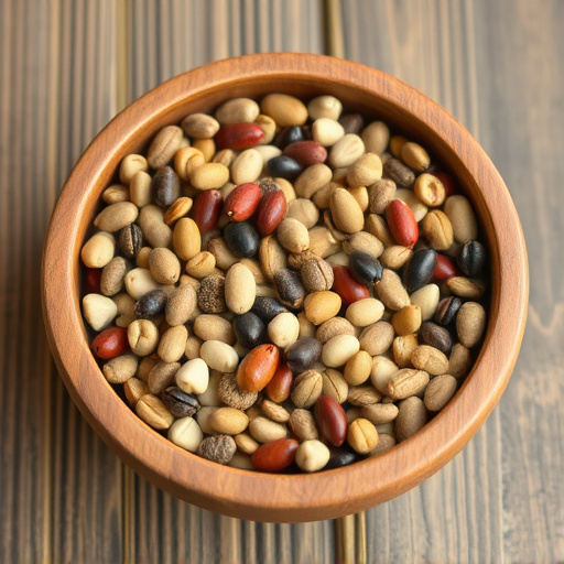 Variety of seeds in wooden bowl