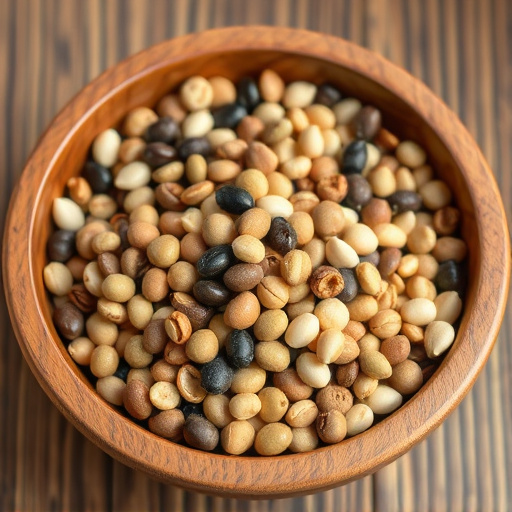 Variety of seeds in wooden bowl