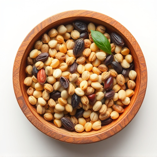 Variety of seeds in wooden bowl
