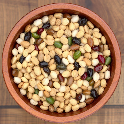 Variety of seeds in wooden bowl