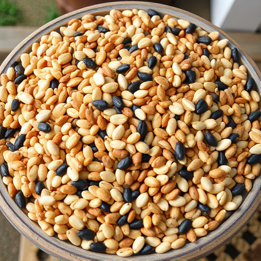 Variety of seeds on bird table