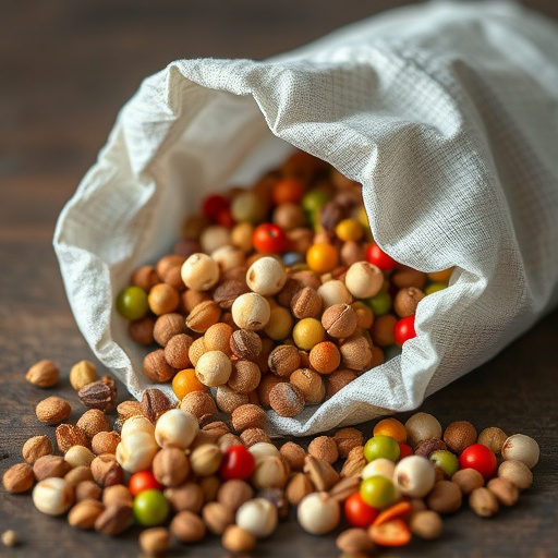 Variety of seeds spilling from bag