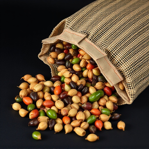 Variety of seeds spilling from bag
