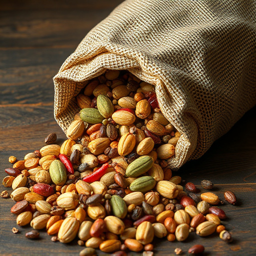 Variety of seeds spilling from bag