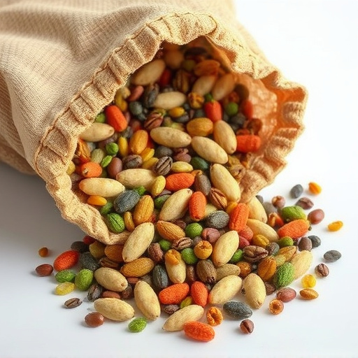 Variety of seeds spilling from bag