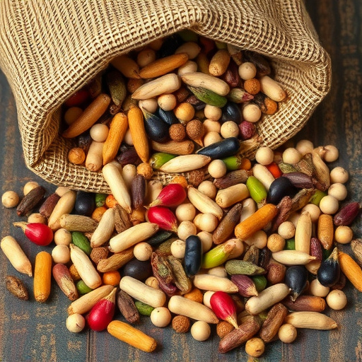 Variety of seeds spilling from bag