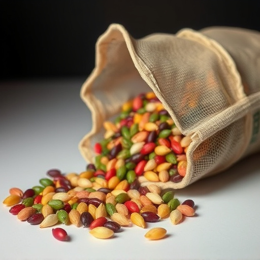 Variety of seeds spilling from bag