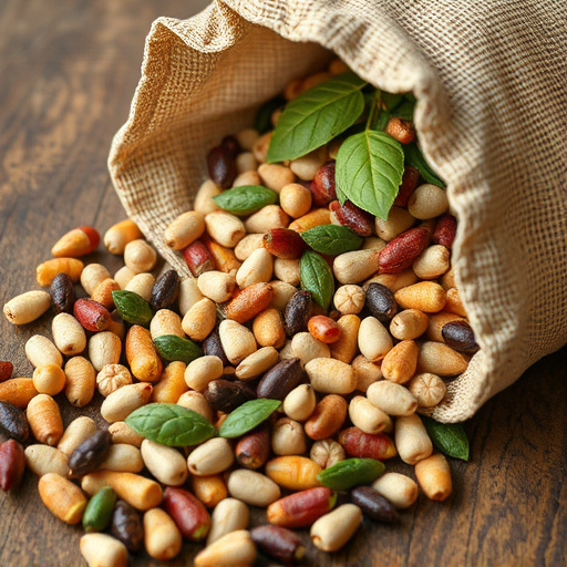 Variety of seeds spilling from bag