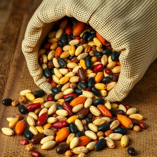 Variety of seeds spilling from bag