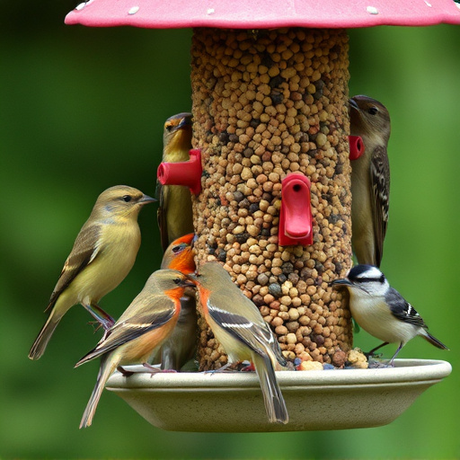 Variety of small birds at feeder