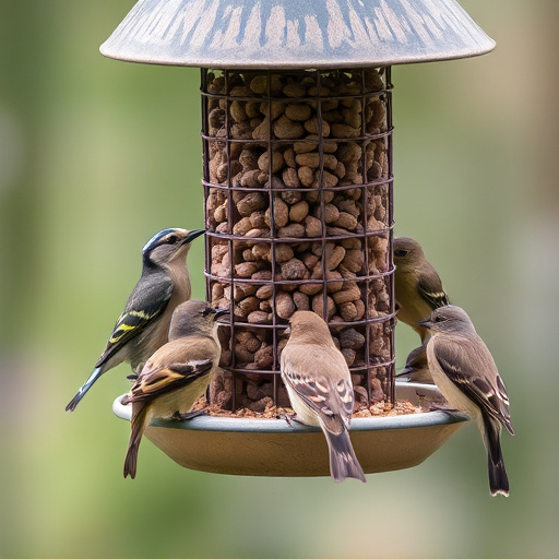 Variety of small birds sharing feeder